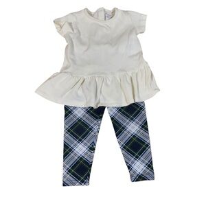 Ralph Lauren Outfit Peplum Top Plaid Leggings Cream Green Size 12 Months
